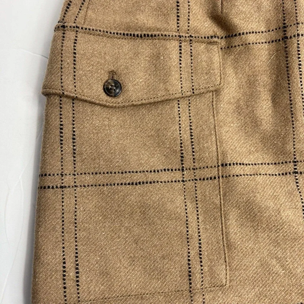 Madewell Zip Front Windowpane Mini Skirt Size 6 NWT Camel Brown Wool